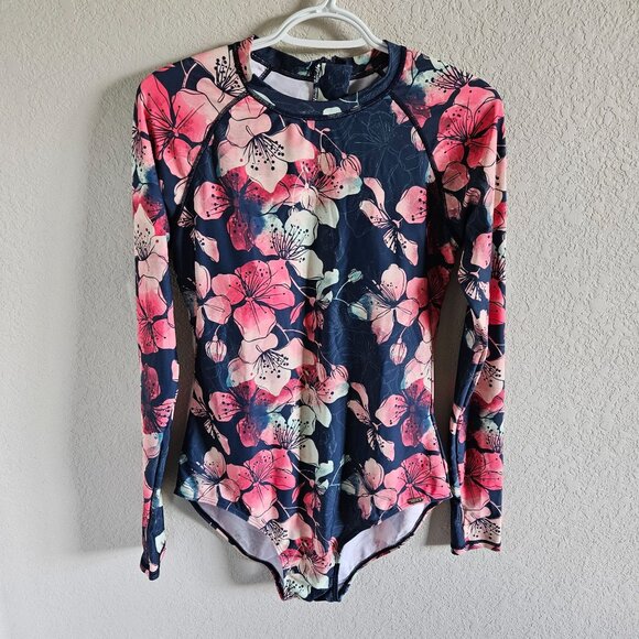 AXESEA Woman Size 12 Rash-Guard Swim Suit UPF 50+ Floral NWT Back Zip Surfer Sea - Picture 1 of 11